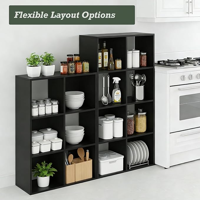 8 Cube Storage Organizer Shelf, Open Cube Bookshelf, Reversible Bookcase, Sturdy Modern Storage for Home Office, Bedroom, Living Room, Black