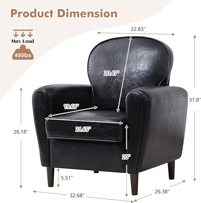 Accent Chair Set of 2, Mid Century Modern Faux Leather Arm Chair with Thick Cushion and Back, Comfy Upholstered Reading Chair Single Sofa Chair for Living Room, Bedroom, Club, Black