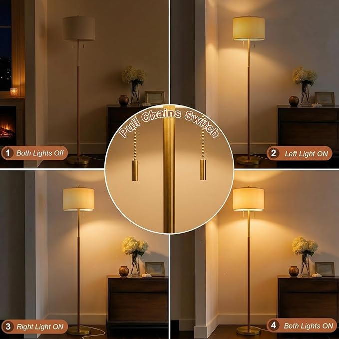 G-SAFAVA Floor Lamp 61" Wood Lamps for Living Room Bedroom 2-Lights Mid Century Modern Standing Tall Lamps for Office Nursery Corner Reading Room Lamp, 3 Color Temperatures 9W Bulbs Included, Gold