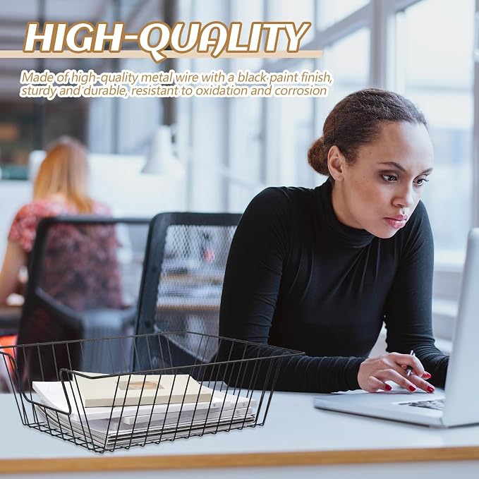 Yeaqee 12 Pcs Letter Tray Wire Paper Trays Black Stackable File Desk Organizer 16.5'' x 12'' x 5'' Metal File Paper Basket Holder for Desk Office Home Classroom School