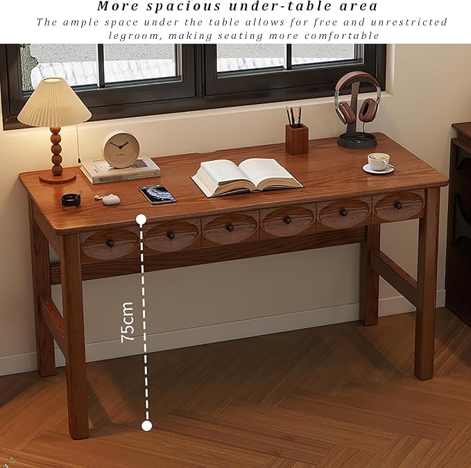 Mid Century Modern Home Office Desk, Solid Wood Writing Desk Multi-Functional Computer Table with 2 Drawers, Vanity, Study Desk for Bedroom/Living Room/Study/Workstation
