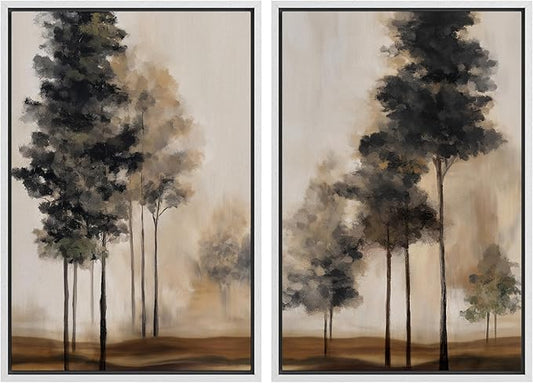 IDEA4WALL Framed Canvas Print Wall Art Set Misty Forest Tree Landscape Neutral Brown and Black Illustrations Modern Art Decorative Calm/Zen for Living Room, Bedroom, Office - 16"x24"x2 White