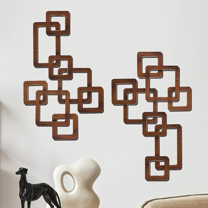 CroBlissful 2 Pcs Wooden Mid Century Modern Wall Decor 3D Mid Century Modern Elegance Wall Accents Vintage Abstract Geometric Panels Art for Home Room(Classic Style,Brown)