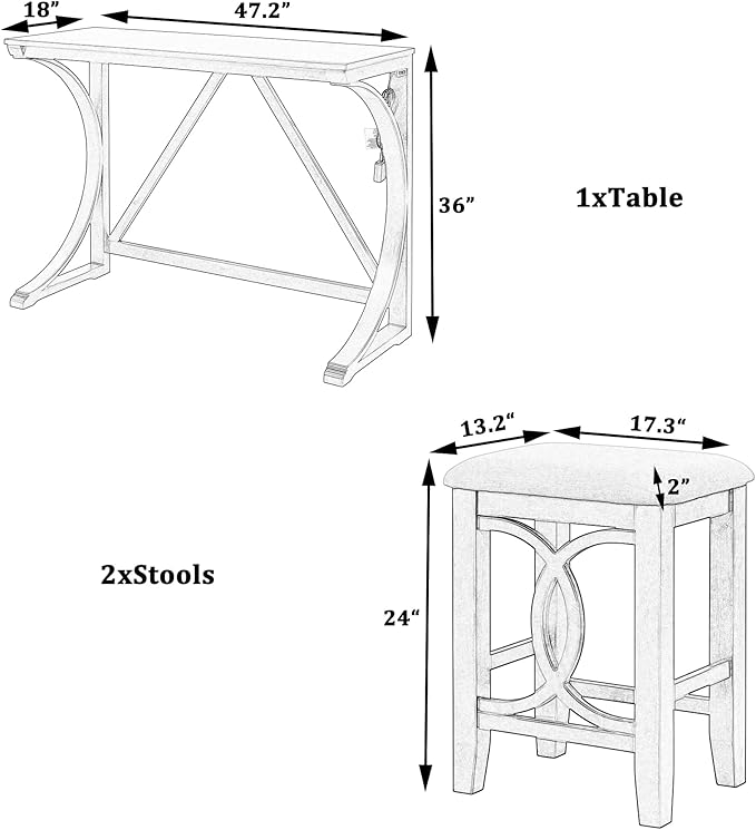 VilroCaz Farmhouse 3-Piece Counter Height Dining Table Set with USB Port and 2 Upholstered Stools, Rustic Dining Set Bar Set for Dining Room Kitchen (Gray-R)
