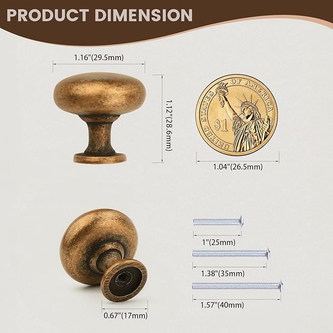 Antique Brass Cabinet Knobs 6 Pack, Solid Zinc Dresser Drawer Knobs Vintage, Round Kitchen Cupboard Door Knobs, Diameter:1-1/5 Inch