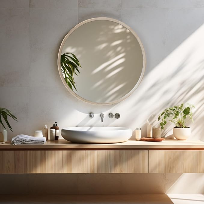 Natural Wood Round Mirror, 28 Inch - Large Wall Circle Mirror for Bathroom or Nursery Decor