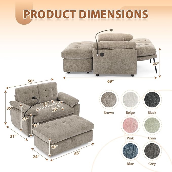 Oversized Chaise Lounge Chair Indoor, Double Convertible Recliner Reading Arm Sofa Chair W/Adjustable Backrest & Charging Port Couch Bed for Living Room, Home Theater & Bedroom, Brown