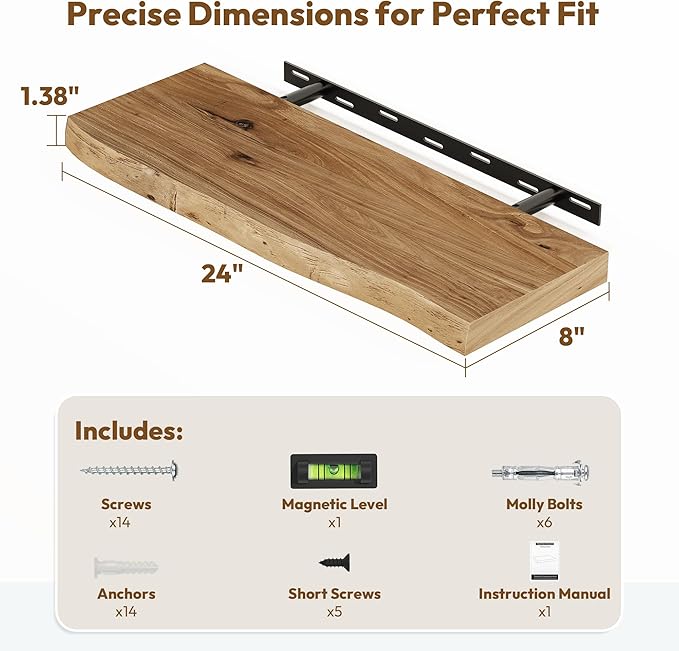 Vivelove Live Edge Floating Shelves for Wall Solid Elm Wood, Rustic Farmhouse Wall Shelf with Invisible Bracket for Living Room Bedroom Bathroom Office Book, 24 Inches - Set of 2 - Natural