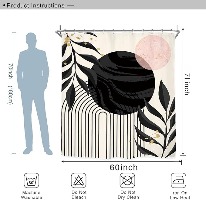 Miyotaa Abstract Modern Shower Curtain Set 60Wx71H Inches Minimalist Aesthetic Black Pink Contemporary Plant Leaves Neutral Polyester Waterproof Cloth Bathroom Curtain with 12 Hooks