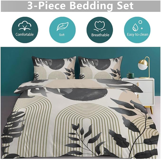 Mid Century Leaf Bedding Set,Boho Grey Tropical Plant Palm Leaves Abstract Minimalist Geometic Modern Comforter Set with Pillowcase for Bedroom Bed Decor,Full 79"x90"