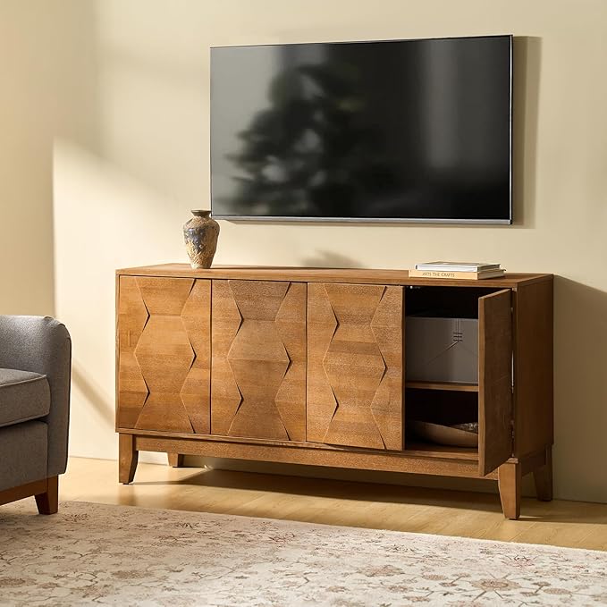 HULALA HOME Mid Century Sideboard Buffet Cabinet with Solid Wood Legs, 60" Kitchen Storage Cabinet Credenza with 4 Doors and 2 Shelves, Accent Console Table (Seadrift)