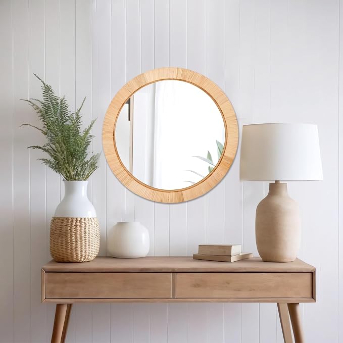 FUIN 20" Boho Round Rattan Mirror – Handwoven Wicker Wall Mirror for Nursery, Farmhouse & Coastal Décor
