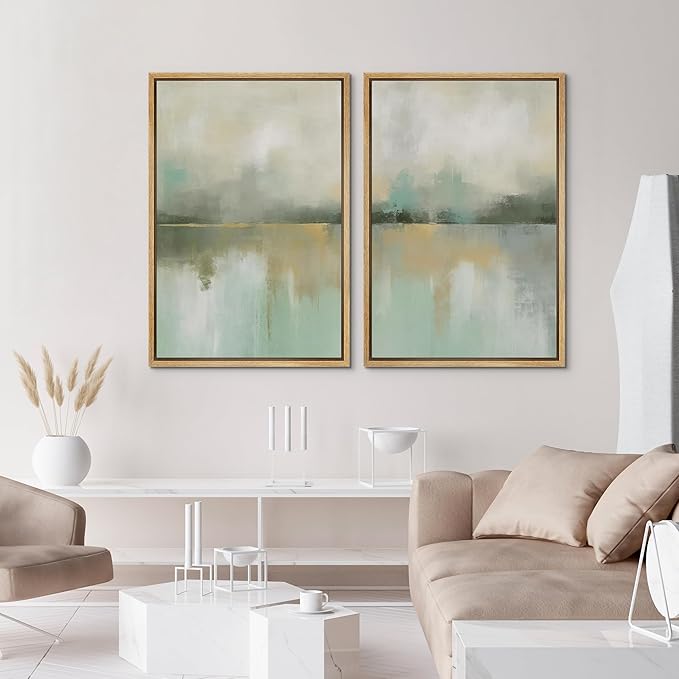 IDEA4WALL Framed Canvas Print Wall Art Set Golden Mist Lake Abstract Water Landscape Illustrations Modern Art Decorative Coastal Cottage Seascape for Bedroom - 24"x36"x2 Natural