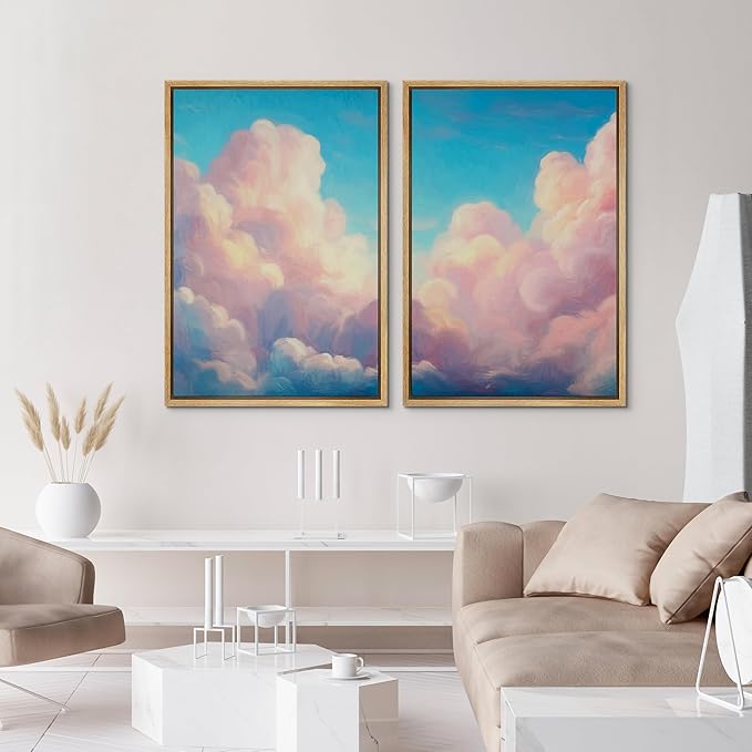 IDEA4WALL Framed Canvas Print Wall Art Set Pastel Sky Cloudscape Dreamy Pink and Blue Clouds Illustrations Modern Art Decorative Coastal Cottage Seascape for Bedroom - 24"x36"x2 NATURAL