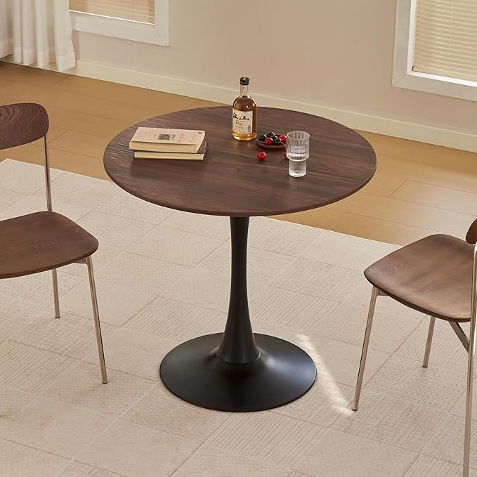 Round Dining Table, 31.5" Circle Tulip Table with Thickened Tabletop & Metal Pedestal, Mid Century Modern Bistro Table for Kitchen, Small Places, Living Room, Cafe (Faux Walnut)