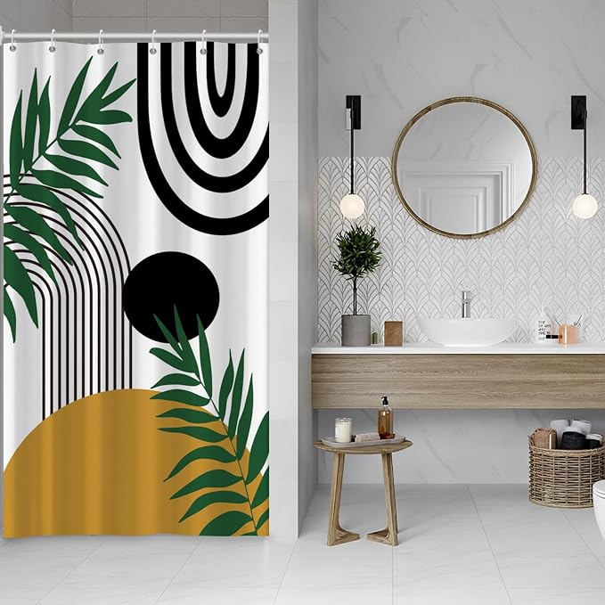 Boho Mid Century Shower Curtain Bohemian Abstract Modern Sun Bathroom Curtain Geometric Arch Curve Leaves Polyester Shower Curtain Sets for Bathroom Extra Long 36x72 in with 6 Hooks