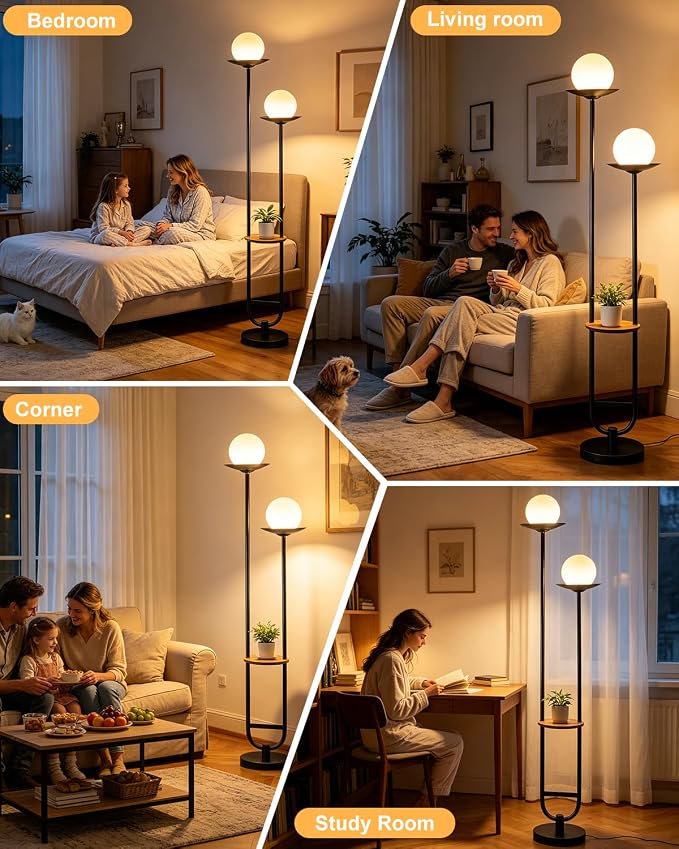 Lightdot 63IN Black Floor Lamp with U Pole, 2 Globe Mid Century Standing Lamps Dimmable with 3000K Warm White LED Bulbs, Unique Vintage Tall Floor Lamp for Living Room/Wedding/Party