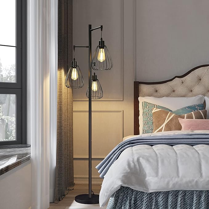 Tangkula Industrial Floor Lamp, 3-Light Tall Tree Lamp with 3 Hanging Lampshades, Freestanding Teardrop Cage Floor Light with Lamp Holder, Bulb, Foot Switch for Hallway, Living Room, Bedroom
