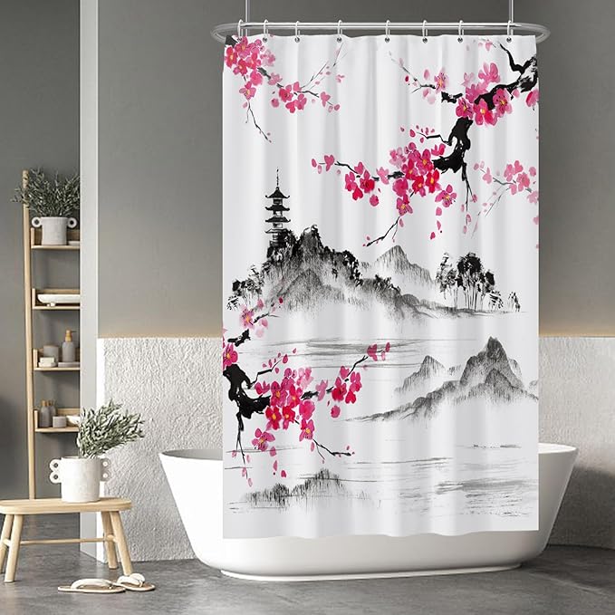 Baocicco Plum Blossom Shower Curtain Pink Cherry Blossom Floral Misty Mountains Shower Curtains Decorative for Bathroom Waterproof Fabric Shower Curtain with Hooks 48x72 Inches