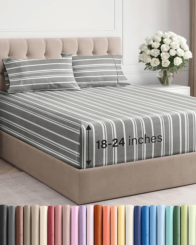 Extra Deep Twin Sheet Set - 4 Piece Breathable and Cooling Sheets - Hotel Luxury Bedding for Women, Men, Kids & Teens - Easy & Secure Fit - Soft and Wrinkle Free - Extra Deep Pockets - Grey Stripes