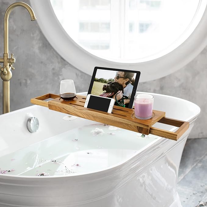 Teak Bathtub Tray Caddy - Expandable Bath Tray - Adjustable Organizer Tray for Bathroom - Luxury Bath Caddy Tub Table, Bathtub Accessories & Bathroom Gadgets