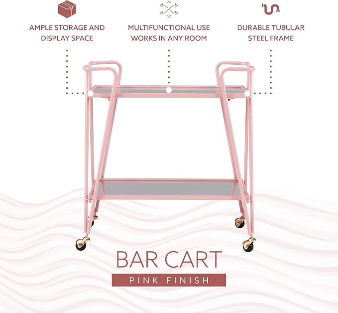 Gina Pink Mid-Century Bar Cart with Mirrored Shelves and Locking Wheels by Linon