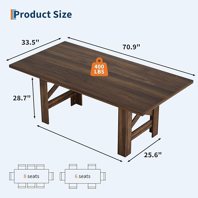 GarveeHome Dining Table for 6-8, 71" Long Large Wooden Farmhouse Kitchen Table with Thick Sturdy Frame, Rectangular Dining Room Dinner Table with Stable Triangular Legs for Kitchen,Office, Retro Brown