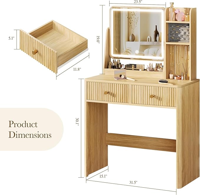 Fluted Vanity Desk with Mirror and Lights, Small Makeup Vanity with 2 Drawers and Jewelry Storage Cabinet, 3 Lighting Modes Adjustable Brightness, Dressing Table for Bedroom - Natural Oak