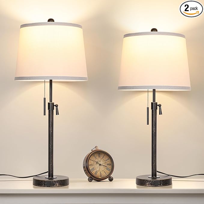 Adjustable Height Table Lamps Set of 2 22-30in Retro Black Brush Gold Modern Nightstand with White Shade 3 Color Temperature Pull Chain Bedside Lamps for Living Room Bedroom Hallway(Bulbs Included)