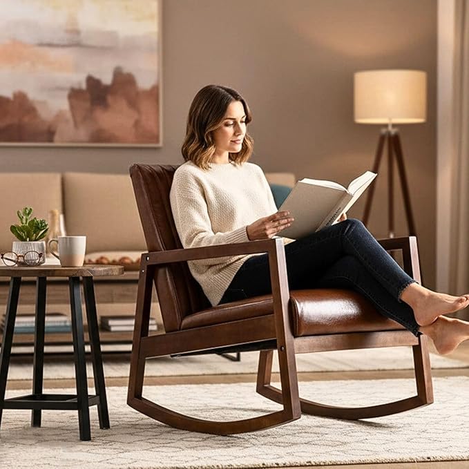 VESCASA Upholstered Rocking Chairs with Channel-Tufted Back, Mid-Century Modern Comfy Oil Wax PU Leather Rockers with Black Walnut Wood Frame for Nursery Living Bedroom Indoor, Set of 2, Brown