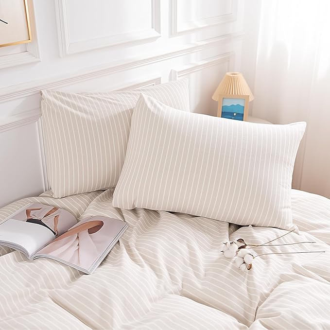 NEXHOME PRO Striped Duvet Cover Oversized Queen,100% Washed Cotton Bedding Set,Textured Linen Feel,Breathable,Organic,3 Piece(White Stripes 98x98)