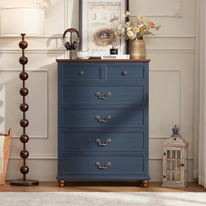 Farmhouse 6 Drawer Dresser for Bedroom, 42" Tall Rustic Chests of Drawers w/ 4 Solid Wood Feet, Mid Century Modern Wooden Closet Storage Dressers Organizer for Living Room, Hallway,Blue
