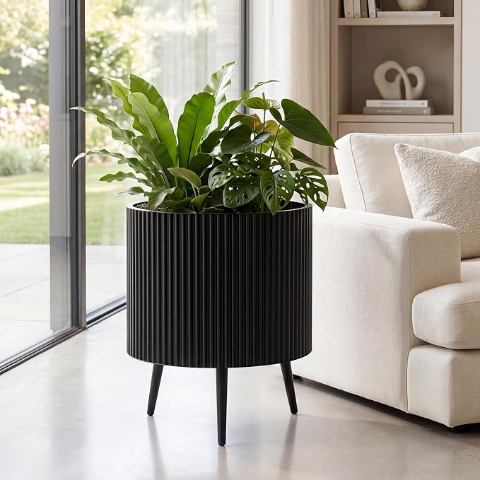 Giantex 20 Inch Plant Pot with Stand Set of 2, Mid-Century Modern Fluted Planter with Built-in Drainage Holes, Metal Flower Pot with Tapered Legs for Living Room, Office, Porch, Garden