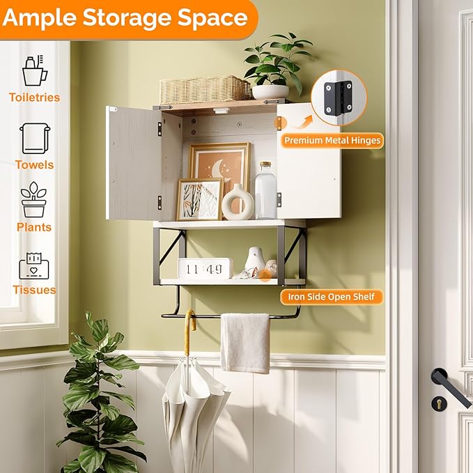 VINGLI Small Bathroom Medicine Cabinet with Tower Bar 7.1"D x 15.4"W x 23.3"H Farmhouse Wall Cabinet Over Toilet Storage with Adjustable Shelf Wall Mounted for Bathroom Kitchen (Rustic White & Brown)