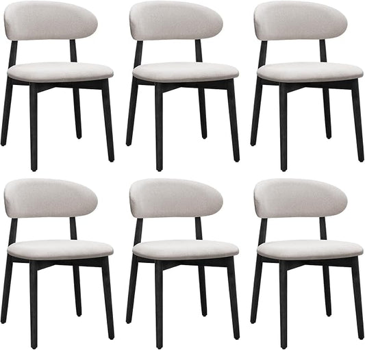 Farmhouse Dining Chairs Set of 6,Mid Century Modern Fabric Upholstered Kitchen Chairs,Wooden Dining Room Chair with Curved Back Black Leg for Kitchen Dining Room Restaurant Cafe,Linen Gray,Only Chairs