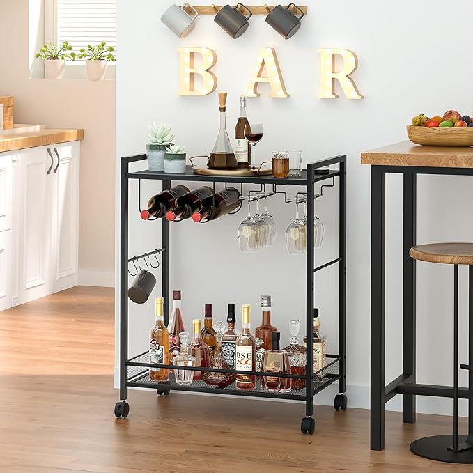 Bar Cart, Home Bar Serving Cart with 2-Tier Shelf,Rolling Beverage Cart with Wheels,Mobile Kitchen Shelf,Modern Black Wine Drink Cart with Wine Rack and Glass Holder for Kitchen,Dinning Room