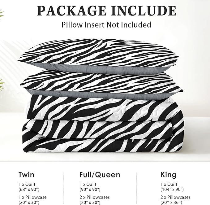 Pamnest Quilt Set King Size, Zebra Stripe Animal 3 Pcs Soft Bed Cover Bedding Set for Kids and Adults, Black White Lightweight Bedspread Coverlet with Pillow Sham for All Season