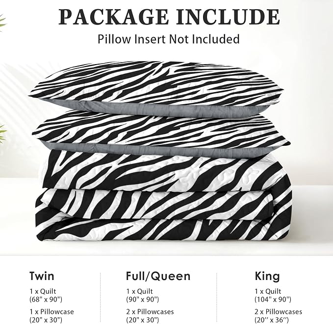 Pamnest Quilt Set Twin Size, Zebra Stripe Animal 2 Pcs Soft Bed Cover Bedding Set for Kids and Adults, Black White Lightweight Bedspread Coverlet with Pillow Sham for All Season