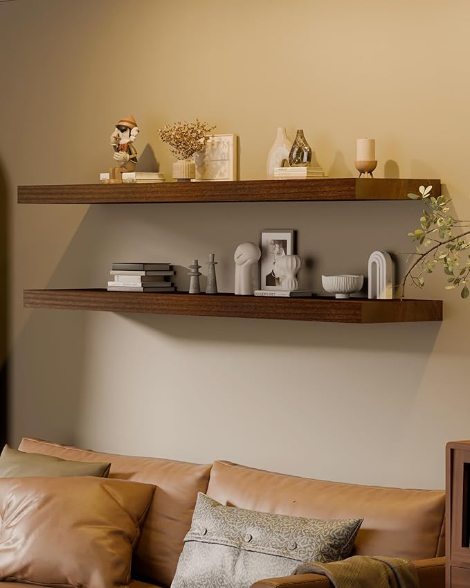 Floating Shelves for Wall, 12x60 Inch Extra Long Walnut Wood Wall Mounted Shelves, Set of 2 with Invisible Brackets for Living Room, Bedroom, Kitchen, Modern Farmhouse Decor