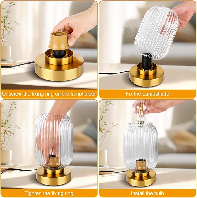 Mid Century Modern Table Lamp with Clear Ribbed Glass Shade, Touch Control & 3 Way Dimmable, Small Gold, Vintage Bedside Lamp for Bedroom, Living Room, Office (Bulb Included)