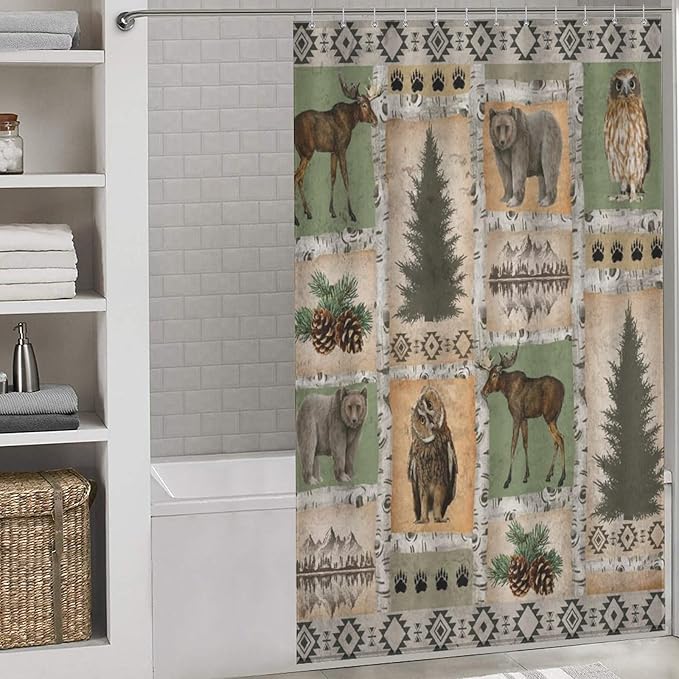 Vintage Bear Country Shower Curtains, Woodland Wildlife Paw Print Dried Branches Patchwork Waterproof Shower Curtains for Bathroom Decor 12 Pack Hooks 55x72in（140x183cm）
