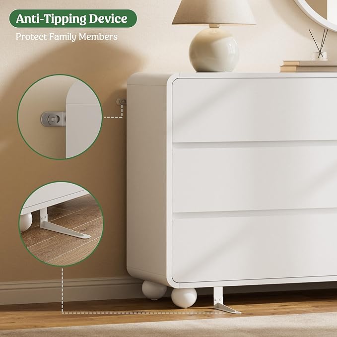 Lulive Wood Dresser for Bedroom, 53” Wide Chest of Drawers with 6 Drawers, Modern Closet Storage Drawer with Curved Profile Design for Living Room, Hallway, Entryway, White