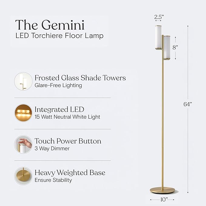 Brightech Gemini Dimmable Floor Lamp with Two Lights - Modern Tall Tree Lamp for Bedroom, Office, Living Room - Gold/Brass