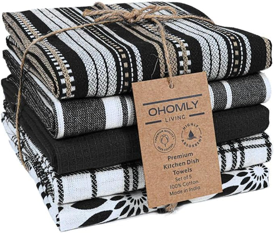 Assorted Kitchen Towels Set of 5-100% Cotton Dish Cloths Towels with Hanging Loop - Soft, Absorbent & Washable for Kitchen Use - Quick Drying Dish Towels 16x26 Inch Black