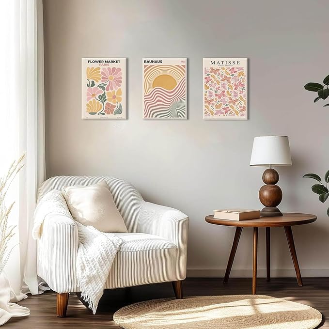 BingruiArt Boho Abstract Wall Art Yellow Canvas Flower Market Posters Set of 3 Bauhaus Pictures Matisse Print Floral Aesthetic Painting Decor for Dorm Living Room Bedroom 12"x16" Framed