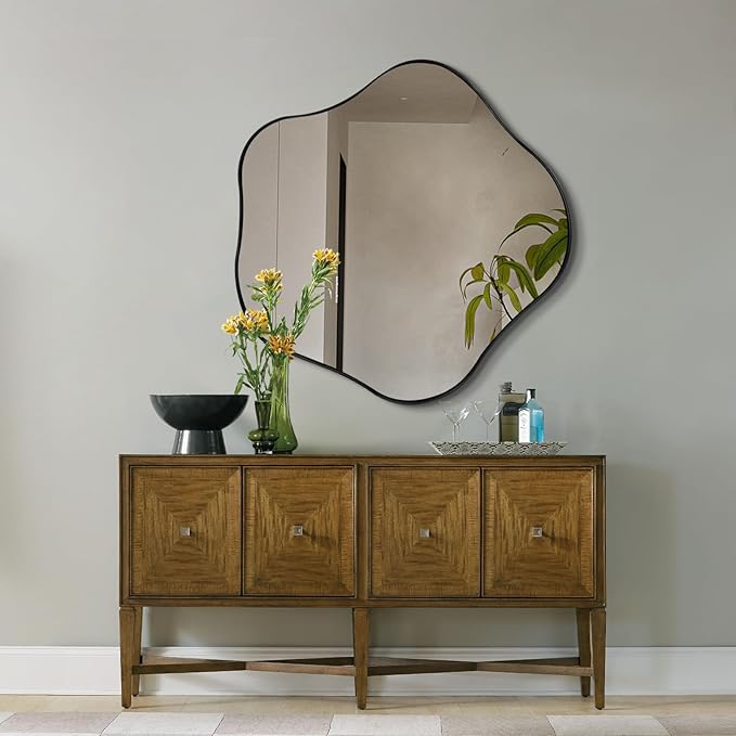Irregular Shaped Mirror, 28" Asymmetrical Rounded Mirror Decorative, Modern Abstract Wall Mirrors with Metal Frame, Scalloped Mirrors for Living Room Bathroom Bedroom Hallway Entryway