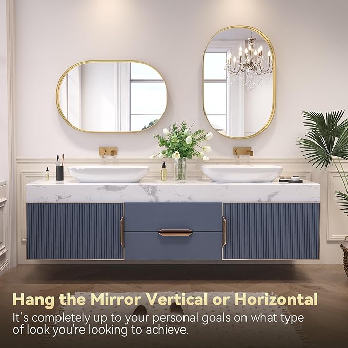 Brightify Gold Oval Mirror for Bathroom 20x33 Inch, Metal Framed Bathroom Vanity Mirrors, Modern Wall Mirror for Bedroom Living Room Wall Decorative Hang Vertical and Horizontal