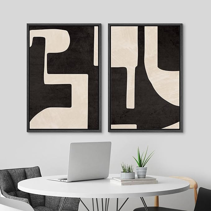 MUDECOR Framed Canvas Print Wall Art Black & White Geometric Paint Stroke Decor Abstract Nature Illustration Modern Art Decorative Multicolor Geometric Minimal for Bedroom - 16"x24"x2 Black