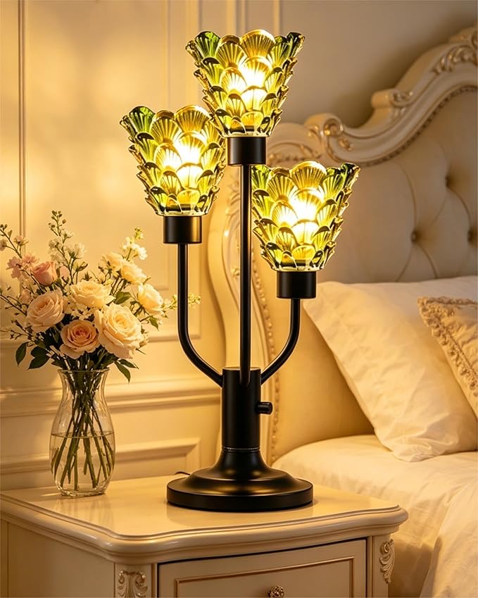 Lightdot Vintage Mid Century Modern Table Lamp Dimmable Nightstand Lamp Black Desk Lamp Green Glass 3 Bulbs Included Warmwhite Ambient Bedside Lamp for Living Room Bedroom Home Office Decor Gift