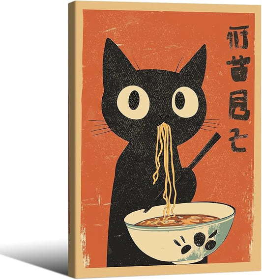 Funny Black Cat Eat Ramen Noodles Poster Vintage Japanese Kitchen Food Wall Art 24X36 inch Framed Whimsical Cute Animal Canvas Prints for Restaurant Wall Decor